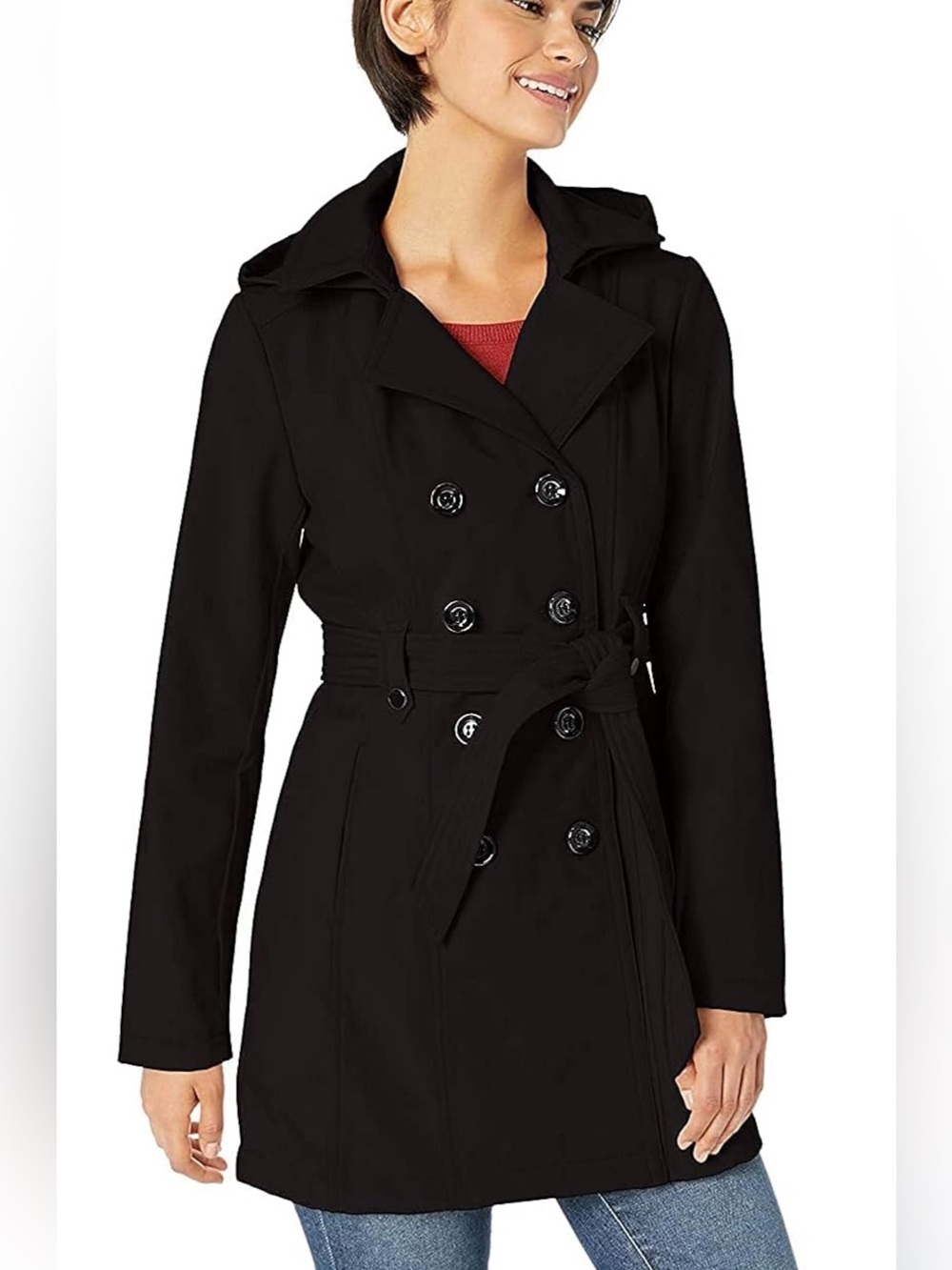 Sebby Collection Women's Soft Shell Trench Coat with Detachable Hood - Black